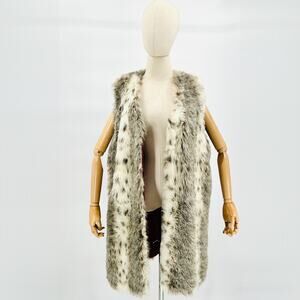 Vintage 90s Tasha Polizzi Grey White Faux Fur Open Front Boho Hippie Vest